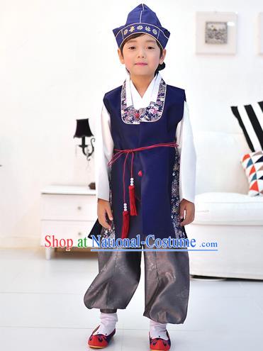 Asian Korean National Traditional Handmade Formal Occasions Boys Embroidery Blue Vest Hanbok Costume Complete Set for Kids