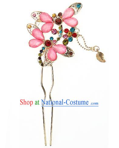 Traditional Korean National Wedding Hair Accessories Bride Palace Cyphers Pink Butterfly Hairpins, Korean Hanbok Fashion Hair Stick Headwear for Women