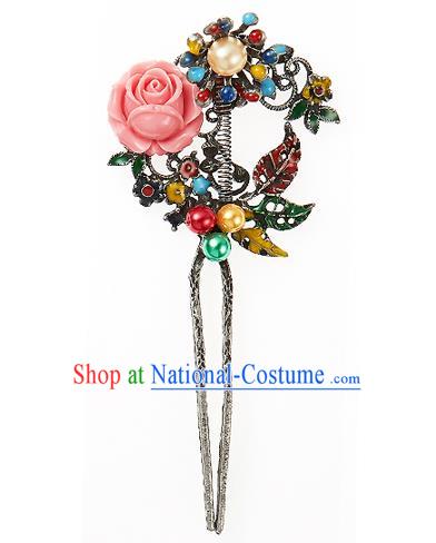 Traditional Korean National Wedding Hair Accessories Bride Palace Cyphers Pink Rose Hairpins, Korean Hanbok Fashion Hair Stick Headwear for Women