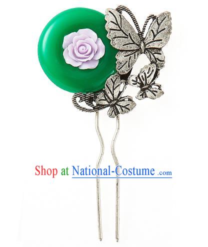 Traditional Korean National Wedding Hair Accessories Bride Palace Cyphers Butterfly Green Hairpins, Korean Hanbok Fashion Hair Stick Headwear for Women