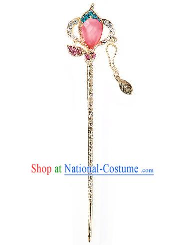 Traditional Korean National Wedding Hair Accessories Bride Palace Cyphers Pink Crystal Tassel Hairpins, Korean Hanbok Fashion Hair Stick Headwear for Women