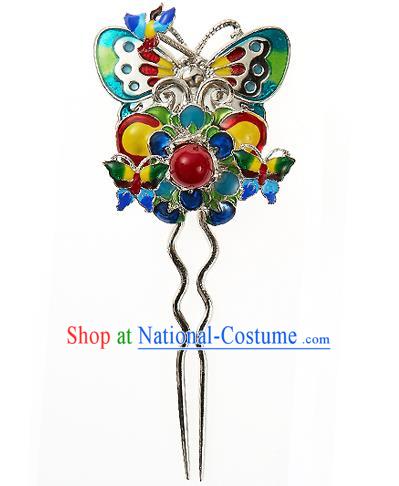 Traditional Korean National Hair Accessories Bride Wedding Blueing Butterfly Hairpins, Asian Korean Hanbok Fashion Headwear Hair Stick for Women