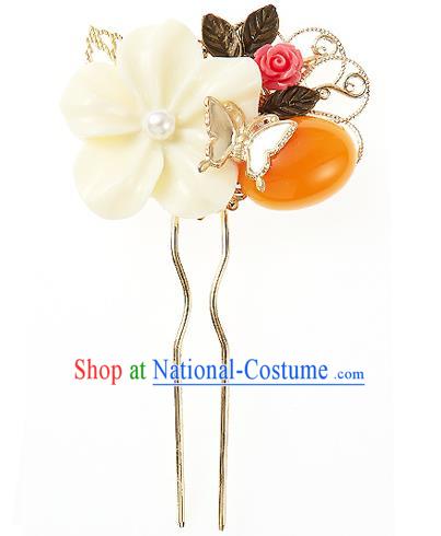 Traditional Korean National Hair Accessories Bride Wedding Butterfly White Flower Hairpins, Asian Korean Hanbok Fashion Headwear Hair Stick for Women