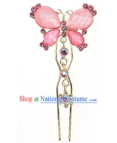 Traditional Korean National Hair Accessories Bride Wedding Pink Butterfly Crystal Hairpins, Asian Korean Hanbok Fashion Headwear Hair Stick for Women