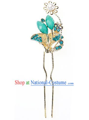 Traditional Korean National Hair Accessories Bride Wedding Green Butterfly Crystal Hairpins, Asian Korean Hanbok Fashion Headwear Hair Stick for Women