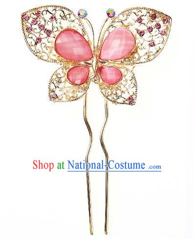 Traditional Korean National Hair Accessories Bride Wedding Pink Butterfly Crystal Hairpins, Asian Korean Hanbok Fashion Headwear Hair Stick for Women