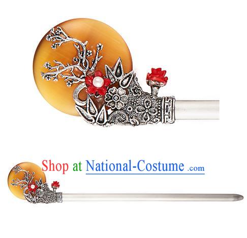 Traditional Korean National Hair Accessories Bride Wedding Yellow Hairpins, Asian Korean Hanbok Fashion Headwear Hair Stick for Women