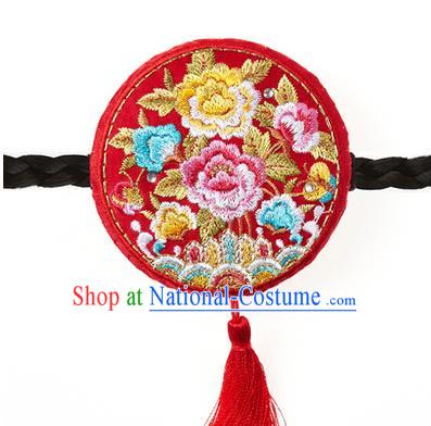 Traditional Korean National Hair Accessories Embroidered Red Hair Clasp, Asian Korean Hanbok Fashion Headwear Palace Headband for Kids