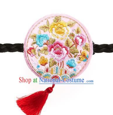 Traditional Korean National Hair Accessories Embroidered Pink Hair Clasp, Asian Korean Hanbok Fashion Headwear Palace Headband for Kids