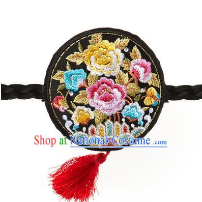 Traditional Korean National Hair Accessories Embroidered Black Hair Clasp, Asian Korean Hanbok Fashion Headwear Palace Headband for Kids