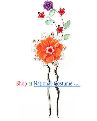 Traditional Korean National Hair Accessories Orange Flowers Hairpins, Korean Palace Hanbok Fashion Headwear for Women