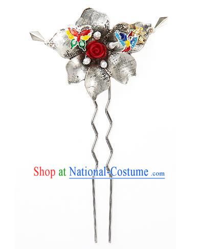 Traditional Korean National Hair Accessories Blueing Butterfly Hairpins, Korean Palace Hanbok Fashion Headwear for Women