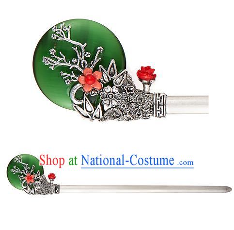 Traditional Korean National Hair Accessories Jade Flower Hairpins, Korean Palace Hanbok Fashion Headwear for Women