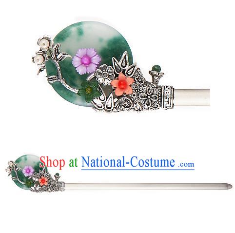 Traditional Korean National Hair Accessories Jade Flowers Hairpins, Korean Palace Hanbok Fashion Headwear for Women