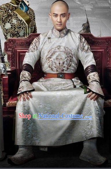 Traditional Chinese Qing Dynasty Prince Costume, Chinese Ancient Manchu Royal Highness Mandarin Embroidered Informal Clothing for Men