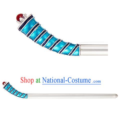 Traditional Korean National Hair Accessories Hair Stick Blue Hairpins, Korean Palace Hanbok Fashion Headwear for Women