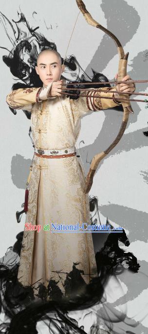 Traditional Chinese Qing Dynasty Infante Costume, Chinese Ancient Manchu Prince Mandarin Embroidered Hunting Clothing for Men