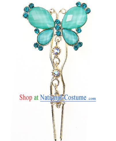 Korean National Wedding Hair Accessories Bride Hairpins Crystal Green Butterfly Hair Clip, Korean Hanbok Fashion Palace Hair Clasp for Women