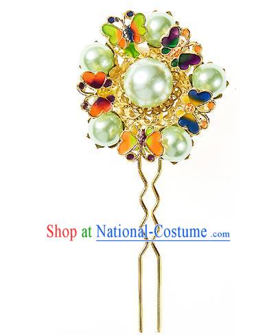 Korean National Wedding Hair Accessories Bride Hairpins Green Beads Round Hair Clip, Korean Hanbok Fashion Palace Hair Clasp for Women