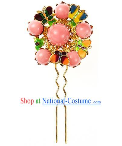 Korean National Wedding Hair Accessories Bride Hairpins Pink Beads Round Hair Clip, Korean Hanbok Fashion Palace Hair Clasp for Women