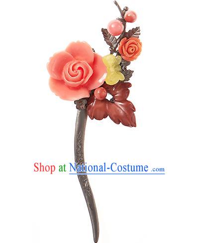 Korean National Wedding Hair Accessories Bride Hairpins Pink Rose Hair Clip, Korean Hanbok Fashion Palace Hair Clasp for Women