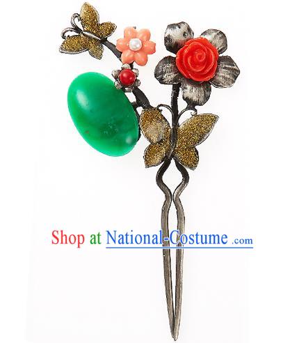 Korean National Wedding Hair Accessories Bride Hairpins Green Butterfly Hair Clip, Korean Hanbok Fashion Palace Hair Clasp for Women