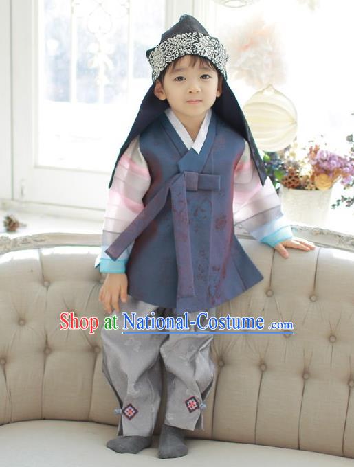 Asian Korean National Traditional Handmade Formal Occasions Boys Embroidery Deep Grey Vest Hanbok Costume Complete Set for Kids