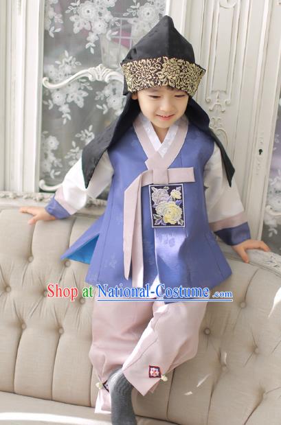 Asian Korean National Traditional Handmade Formal Occasions Boys Embroidery Blue Vest Hanbok Costume Complete Set for Kids