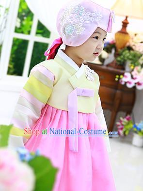 Asian Korean National Handmade Formal Occasions Wedding Clothing Yellow Blouse and Pink Dress Palace Hanbok Costume for Kids