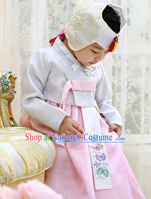 Asian Korean National Handmade Formal Occasions Wedding Clothing Grey Blouse and Pink Dress Palace Hanbok Costume for Kids