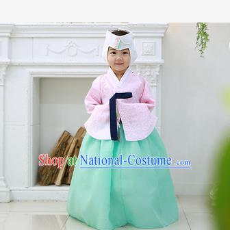 Asian Korean National Handmade Formal Occasions Wedding Clothing Pink Blouse and Green Dress Palace Hanbok Costume for Kids