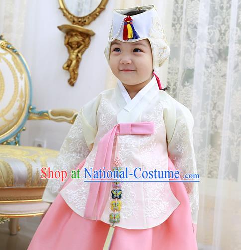 Asian Korean National Handmade Formal Occasions Wedding Clothing White Blouse and Pink Dress Palace Hanbok Costume for Kids