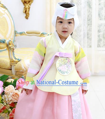 Asian Korean National Handmade Formal Occasions Wedding Clothing Yellow Blouse and Pink Dress Palace Hanbok Costume for Kids