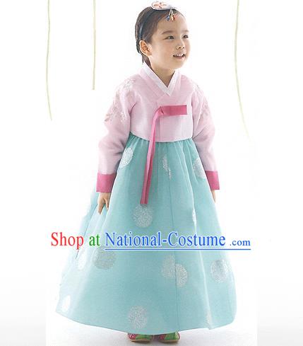 Asian Korean National Handmade Formal Occasions Pink Blouse and Green Dress Palace Hanbok Costume for Kids