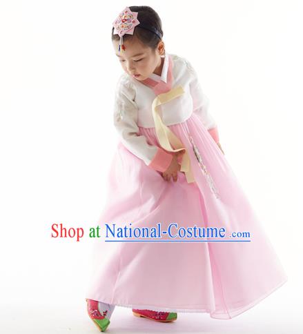 Asian Korean National Handmade Formal Occasions White Blouse and Pink Dress Palace Hanbok Costume for Kids