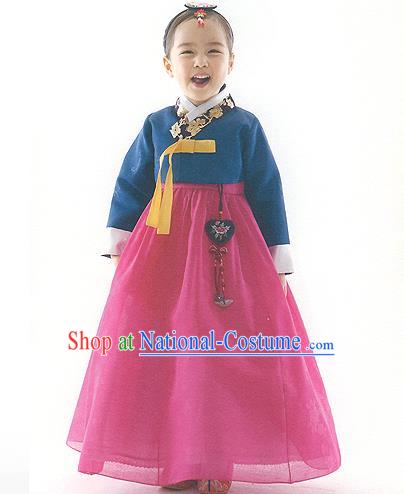 Asian Korean National Handmade Formal Occasions Deep Blue Blouse and Pink Dress Palace Hanbok Costume for Kids