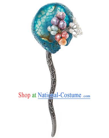 Korean National Wedding Hair Accessories Bride Blue Hair Clip, Korean Hanbok Fashion Palace Hairpins for Women