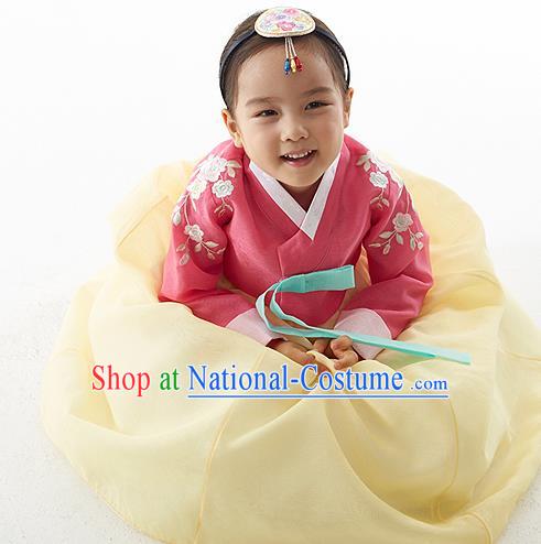 Asian Korean National Handmade Formal Occasions Wedding Clothing Pink Blouse and Yellow Dress Palace Hanbok Costume for Kids