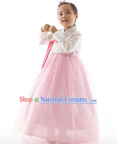 Asian Korean National Handmade Formal Occasions Wedding Clothing White Blouse and Pink Dress Palace Hanbok Costume for Kids