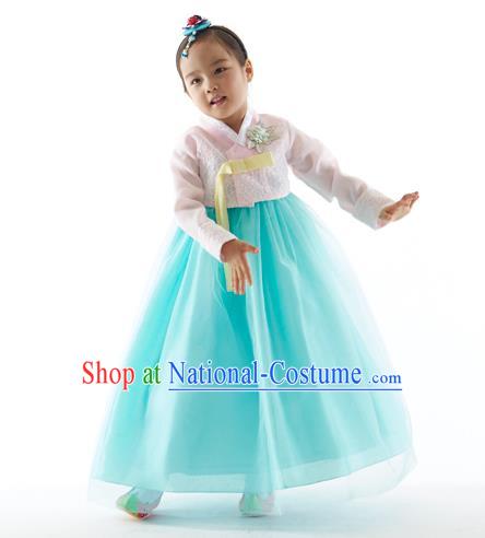 Asian Korean National Handmade Formal Occasions Wedding Clothing Pink Blouse and Blue Dress Palace Hanbok Costume for Kids