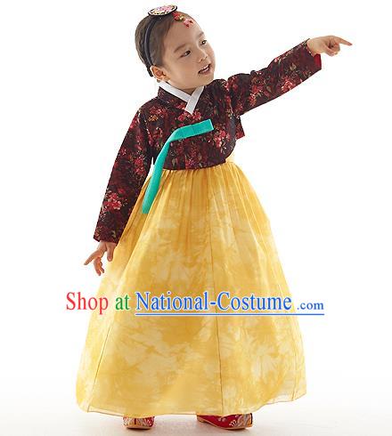 Asian Korean National Handmade Formal Occasions Wedding Clothing Printing Blouse and Yellow Dress Palace Hanbok Costume for Kids