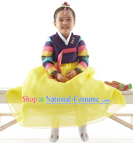 Asian Korean National Handmade Formal Occasions Wedding Clothing Purple Blouse and Yellow Dress Palace Hanbok Costume for Kids