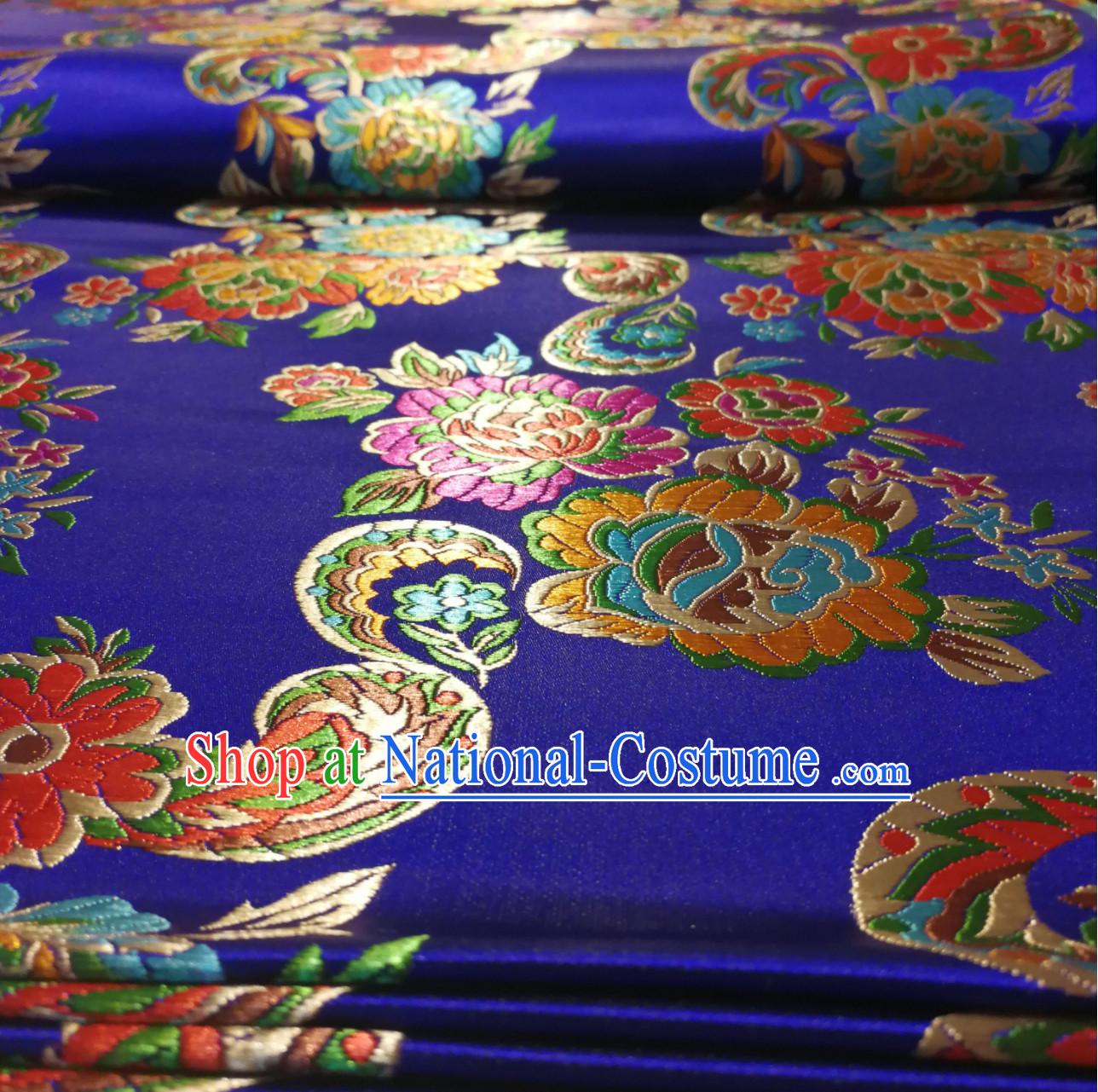 Royal Blue Color Chinese Royal Palace Style Traditional Flower Peony Pattern Design Brocade Fabric Silk Fabric Chinese Fabric Asian Material