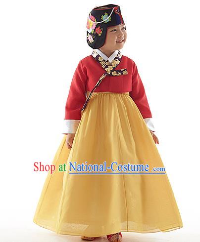 Asian Korean National Handmade Formal Occasions Wedding Clothing Red Embroidered Blouse and Yellow Dress Palace Hanbok Costume for Kids