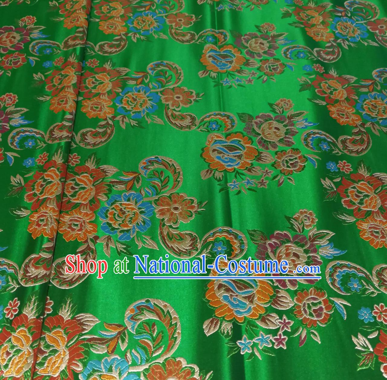 Royal Green Color Chinese Royal Palace Style Traditional Flower Peony Pattern Design Brocade Fabric Silk Fabric Chinese Fabric Asian Material