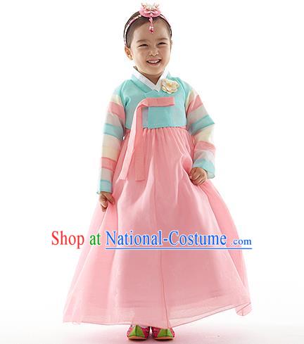 Asian Korean National Handmade Formal Occasions Wedding Clothing Embroidered Blue Blouse and Pink Dress Palace Hanbok Costume for Kids