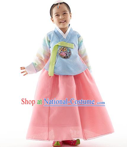 Asian Korean National Handmade Formal Occasions Wedding Clothing Embroidered Blue Blouse and Pink Dress Palace Hanbok Costume for Kids