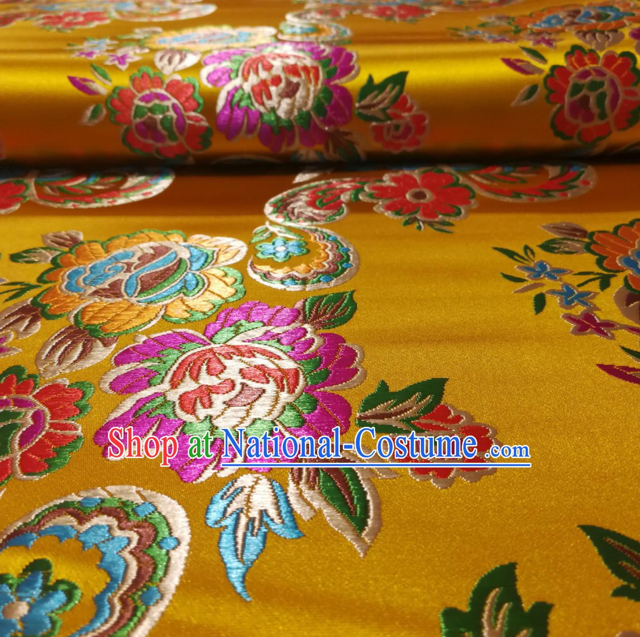 Royal Yellow Color Chinese Royal Palace Style Traditional Flower Peony Pattern Design Brocade Fabric Silk Fabric Chinese Fabric Asian Material