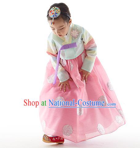 Asian Korean National Handmade Formal Occasions Wedding Clothing Printing Green Blouse and Pink Dress Palace Hanbok Costume for Kids