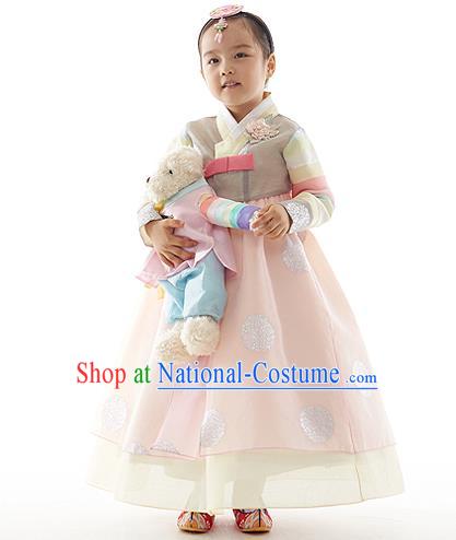 Asian Korean National Handmade Formal Occasions Wedding Clothing Printing Grey Blouse and Pink Dress Palace Hanbok Costume for Kids